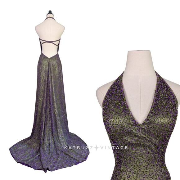 Je Matadi Prom Dress Maxi Gown 8 Purple Green Silk Bead Pageant Glam Train Y2K - Picture 1 of 16